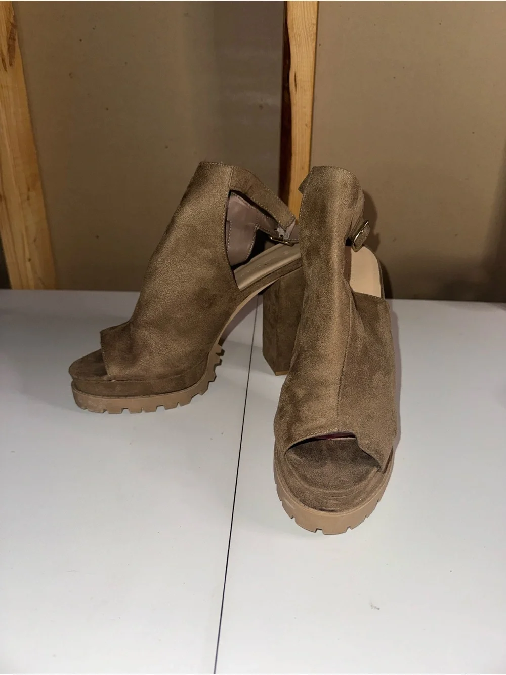 Wild Diva Tan Suede Platform Peep-Toe Block Heels